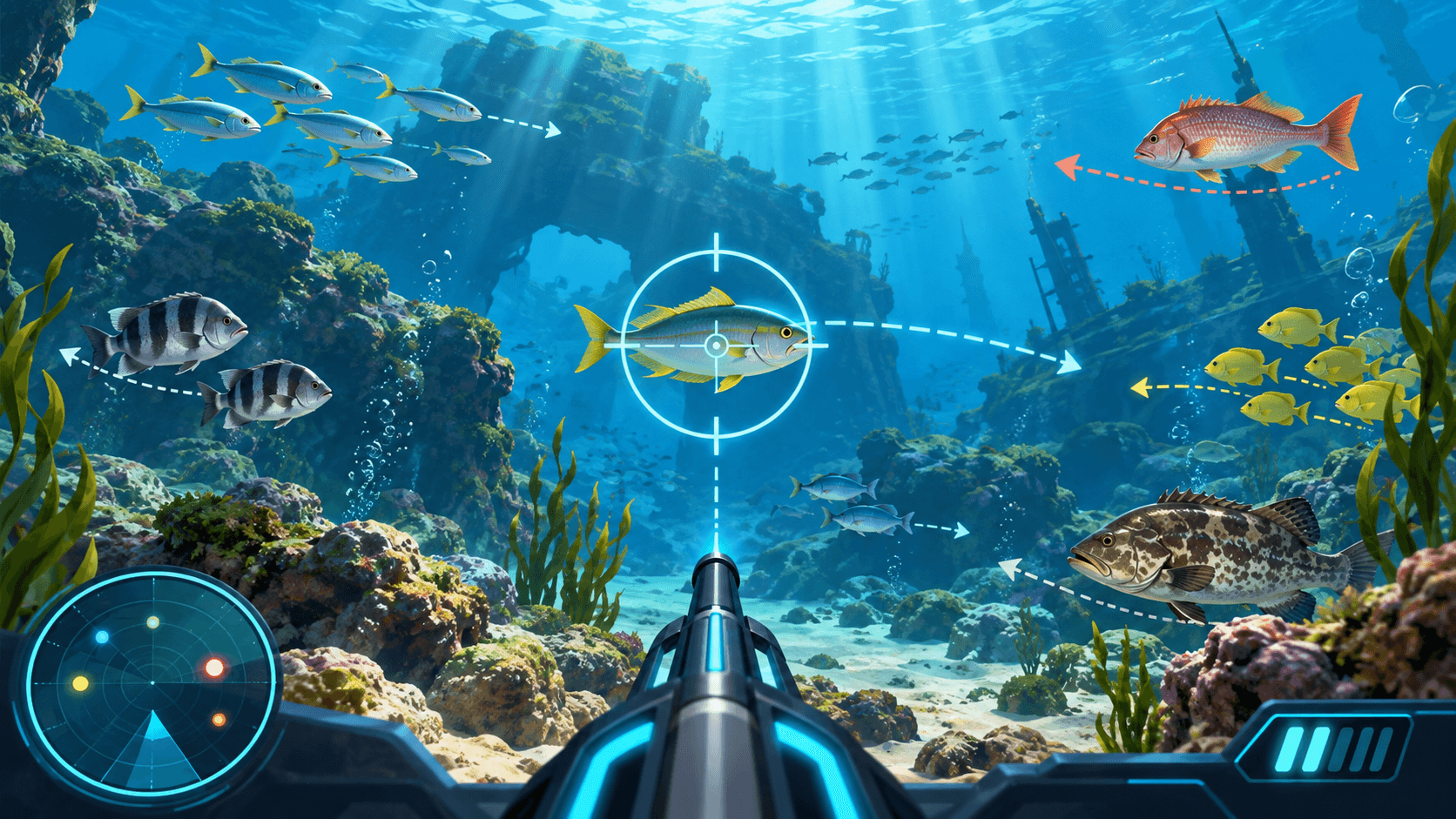 捕魚機目標魚群方向與準星介面示意
